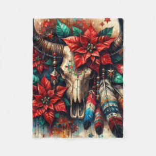 Weihnachtskuh Bull Skull Poinsettias Feathers Fleecedecke