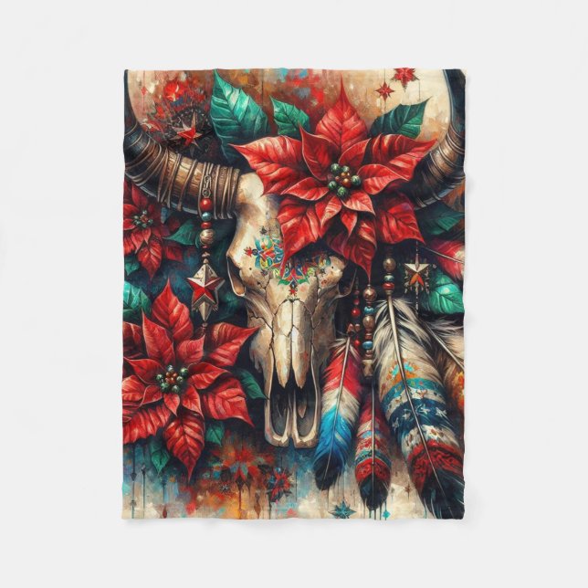 Weihnachtskuh Bull Skull Poinsettias Feathers Fleecedecke (Vorderseite)