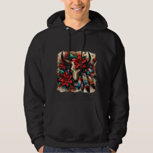 Weihnachtskuh Bull Skull Poinsettias Feathers Hoodie