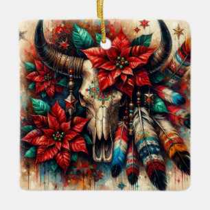 Weihnachtskuh Bull Skull Poinsettias Feathers Keramikornament