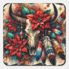 Weihnachtskuh Bull Skull Poinsettias Feathers Quadratischer Aufkleber