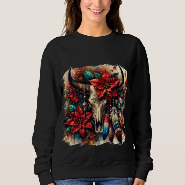 Weihnachtskuh Bull Skull Poinsettias Feathers Sweatshirt (Vorderseite)
