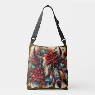 Weihnachtskuh Bull Skull Poinsettias Feathers Tragetaschen Mit Langen Trägern