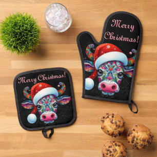 Weihnachtskuh Bull Weihnachtsmannmütze Mexikanisch Ofenhandschuh & Topflappen-Set