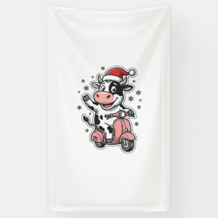 Weihnachtskuh fährt auf rosa Roller Vintage Vektor Banner