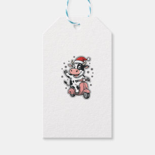 Weihnachtskuh fährt auf rosa Roller Vintage Vektor Geschenkanhänger