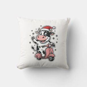 Weihnachtskuh fährt auf rosa Roller Vintage Vektor Kissen