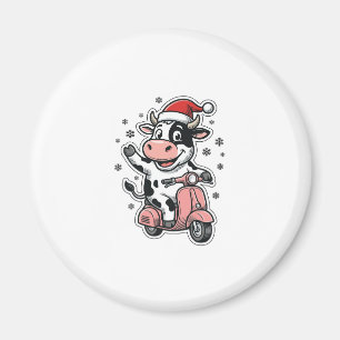 Weihnachtskuh fährt auf rosa Roller Vintage Vektor Magnet