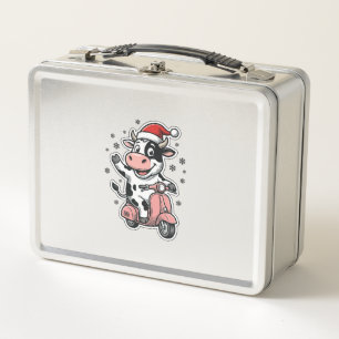Weihnachtskuh fährt auf rosa Roller Vintage Vektor Metall Brotdose
