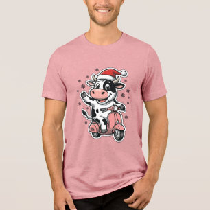 Weihnachtskuh fährt auf rosa Roller Vintage Vektor Tri-Blend Shirt