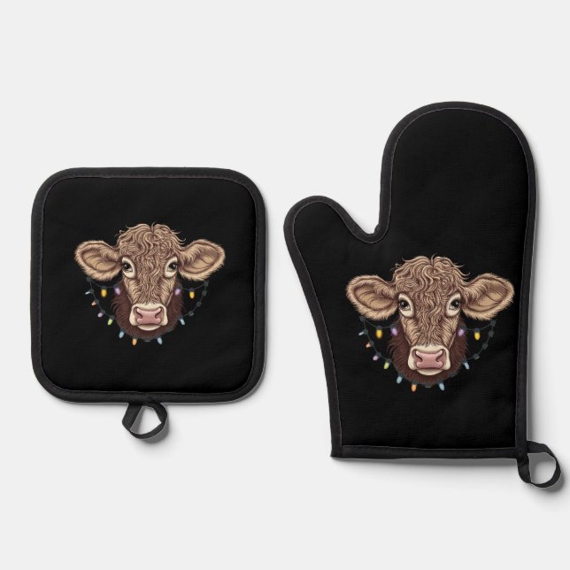 Weihnachtskuh Lover Lights Farm Bauer Xmas Ofenhandschuh & Topflappen-Set (Vorderseite)