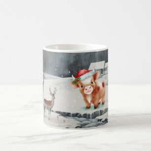 Weihnachtskuh und Hirsch im Winter Nachtblick Kaffeetasse