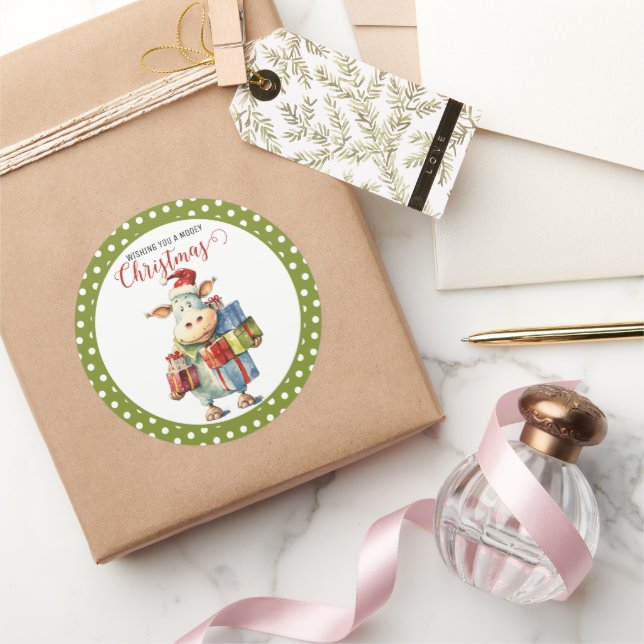 Weihnachtskuh-Wortspiel  Runder Aufkleber (Schenken)