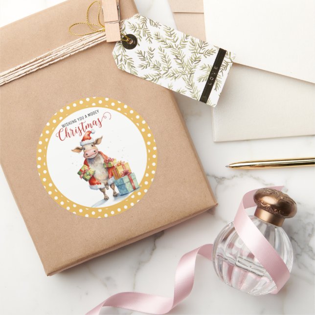Weihnachtskuh-Wortspiel  Runder Aufkleber (Schenken)