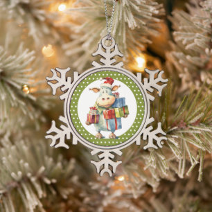 Weihnachtskuh-Wortspiel Schneeflocken Zinn-Ornament