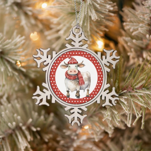Weihnachtskuh-Wortspiel  Schneeflocken Zinn-Ornament (Baum)