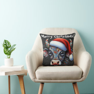 Weihnachtskuhbulle mit Weihnachtsmannmütze Roter B Kissen