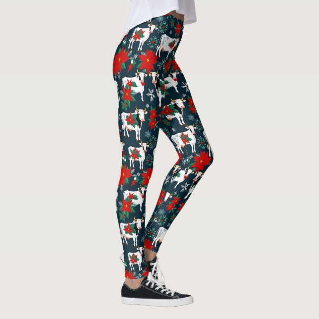 Weihnachtskühe mit Rotem Poinsettias Floral Leggings (Rechts)