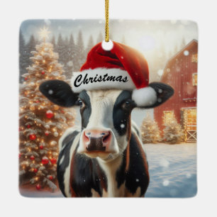 Weihnachtskühe mit Weihnachtsmannmütze Keramikornament