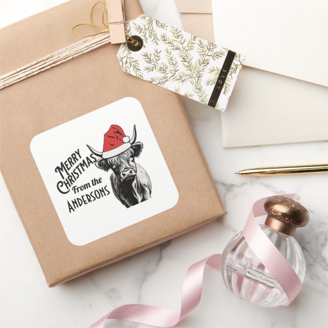 Weihnachtskühe mit Weihnachtsmannmütze Quadratischer Aufkleber (Schenken)