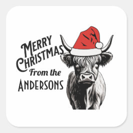 Weihnachtskühe mit Weihnachtsmannmütze Quadratischer Aufkleber