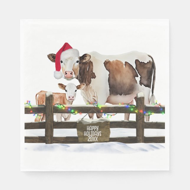 Weihnachtskühe mit Weihnachtsmannmütze Serviette (Vorderseite)