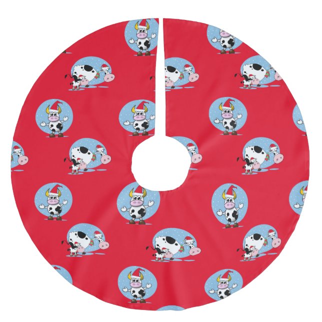 Weihnachtskühe mit Weihnachtsmannmützen Baumrock Polyester Weihnachtsbaumdecke (Vorderseite)