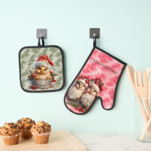 Weihnachtsküken in Rot Ofenhandschuh & Topflappen-Set