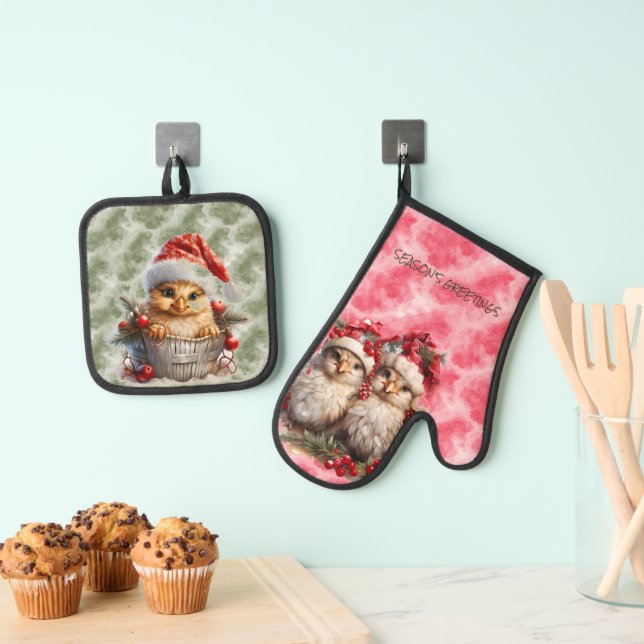 Weihnachtsküken in Rot Ofenhandschuh & Topflappen-Set (Insitu (Hängend))
