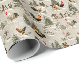 Weihnachtsküken und Hähne auf dem Bauernhof im Win Geschenkpapier
