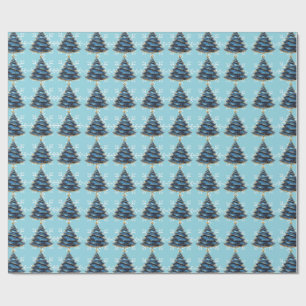 Weihnachtskunst Blaue Goldene Tanne Schneeflocken Geschenkpapier