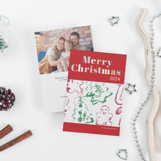 Weihnachtskunst Frohe Weihnachten Custom Foto (kid's christmas art on family holiday photo card.)