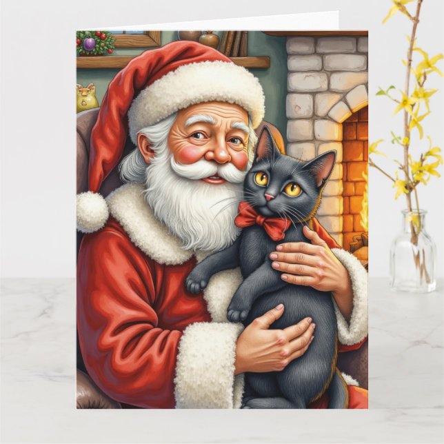 Weihnachtskunst: Nikolaus mit schwarzer Katze Karte (Gelbe Blume)
