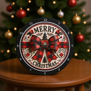 Weihnachtskunst Rot und Schwarz Bowtie Große Wanduhr
