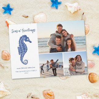 Weihnachtsküste Seepferd Navy Blue 3 Foto Feiertagskarte
