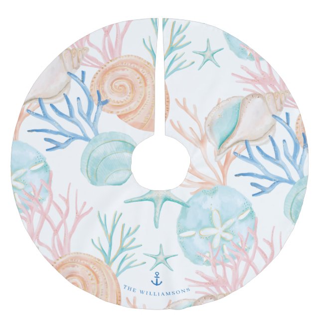 Weihnachtsküste Wasserfarbe Seashell Muster Polyester Weihnachtsbaumdecke (Vorderseite)