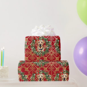 Weihnachtslabrador auf rotem Schneeflocken-Hinterg Geschenkpapier