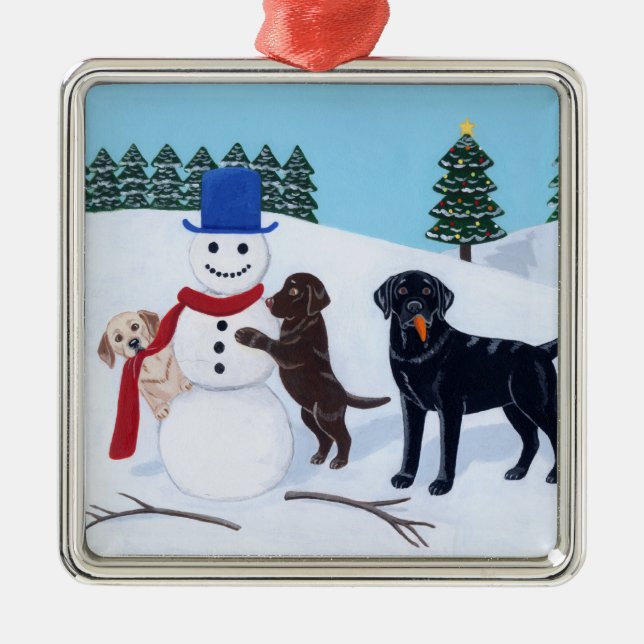 Weihnachtslabrador-Malerei-Schneemann Silbernes Ornament (Vorne)