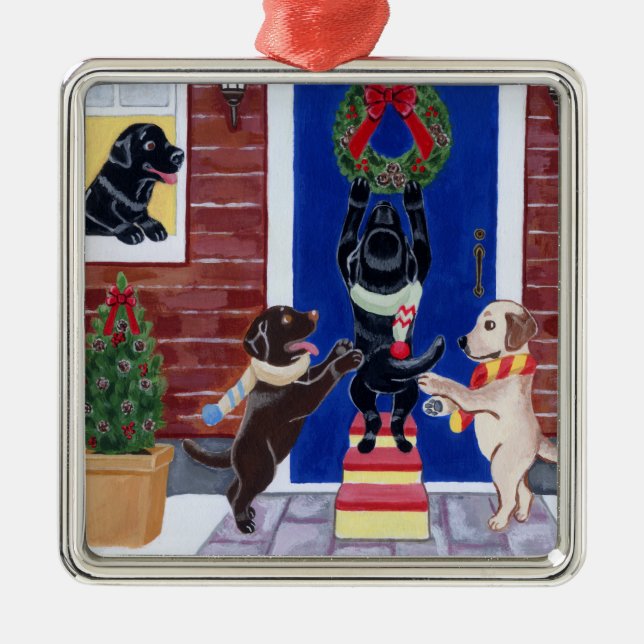 Weihnachtslabrador-Malerei-WeihnachtsKranz Silbernes Ornament (Vorne)