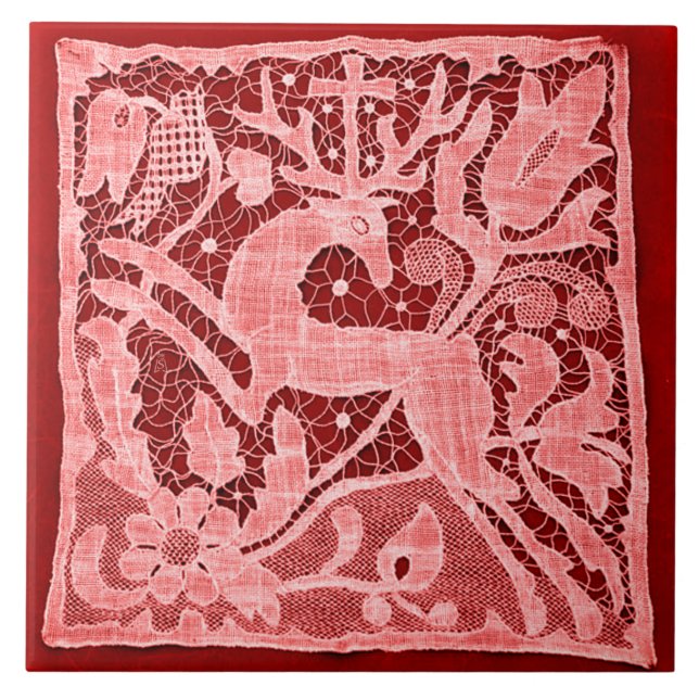 Weihnachtslace on Red (Keramik Tile) Fliese (Vorderseite)