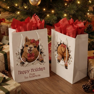 Weihnachtslama Durchbricht Vorder- und Rückseite Mittlere Geschenktüte