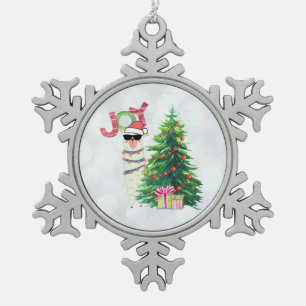 Weihnachtslama   Joy Typografy   Silver Bokeh Schneeflocken Zinn-Ornament