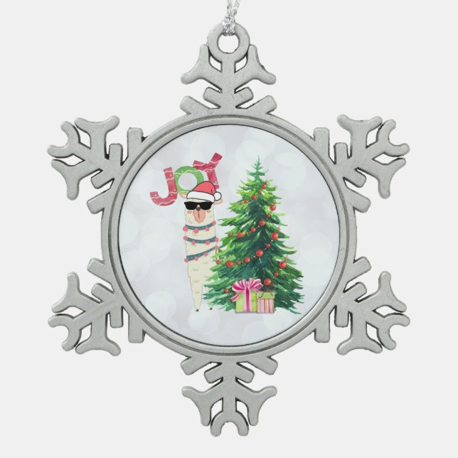 Weihnachtslama | Joy Typografy | Silver Bokeh Schneeflocken Zinn-Ornament (Vorderseite)