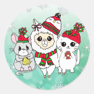 Weihnachtslama, Kitten und Maus - Urlaub Runder Aufkleber