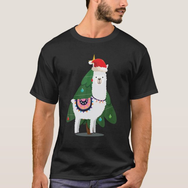 Weihnachtslama mit Weihnachtsbaum T-Shirt (Vorderseite)