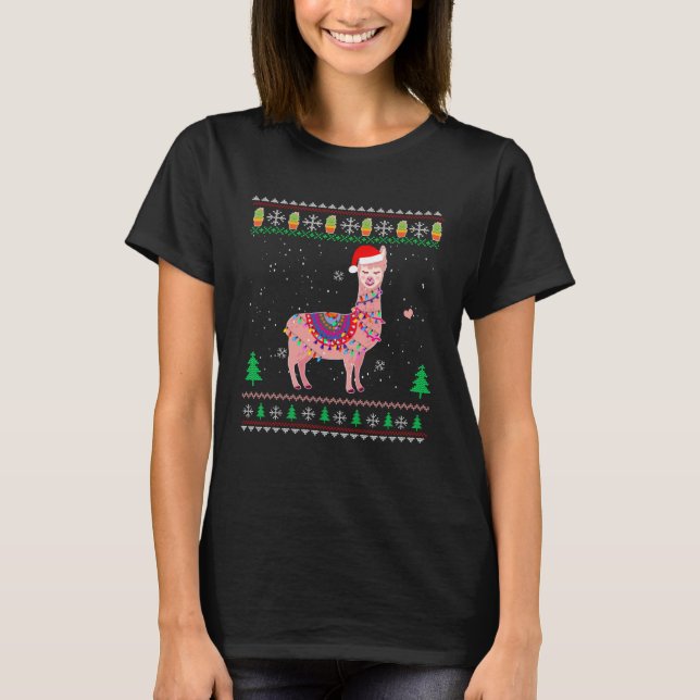 Weihnachtslama Weihnachtsmannmütze Ugly Xmas Tree  T-Shirt (Vorderseite)