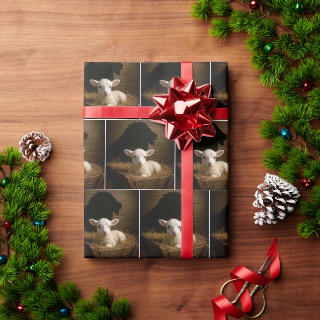 Weihnachtslamm in einer Krippe mit Löwenschatten Geschenkpapier (Feiertagsgeschenk)