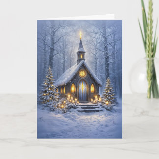 Weihnachtsländliche Kirche im Wald mit Lichtern Karte