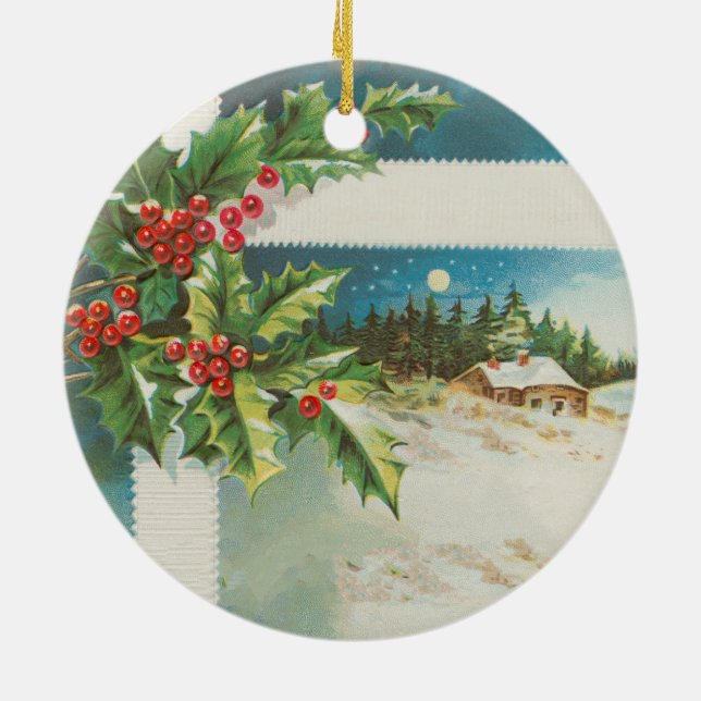Weihnachtslandschaft Holly Snow Winter Keramik Ornament (Hinten)