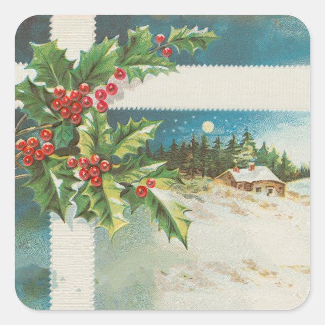 Weihnachtslandschaft Holly Snow Winter Quadratischer Aufkleber (Vorderseite)